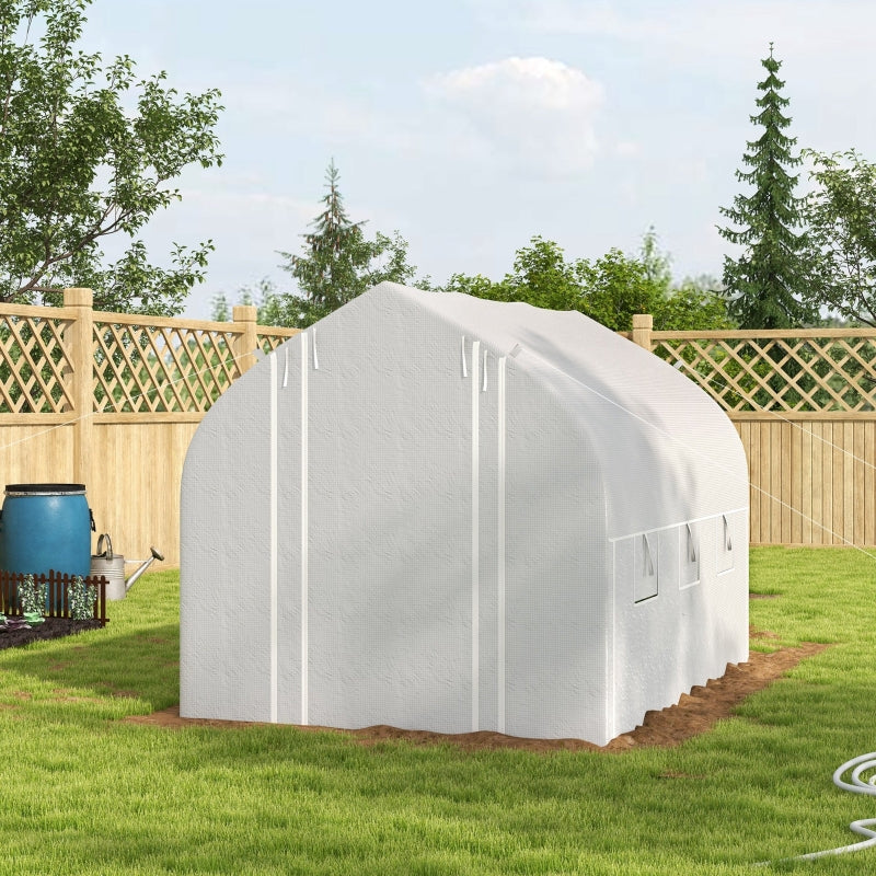 Green Walk-in Polytunnel Greenhouse with Zipped Roll Up Sidewalls and Mesh Door