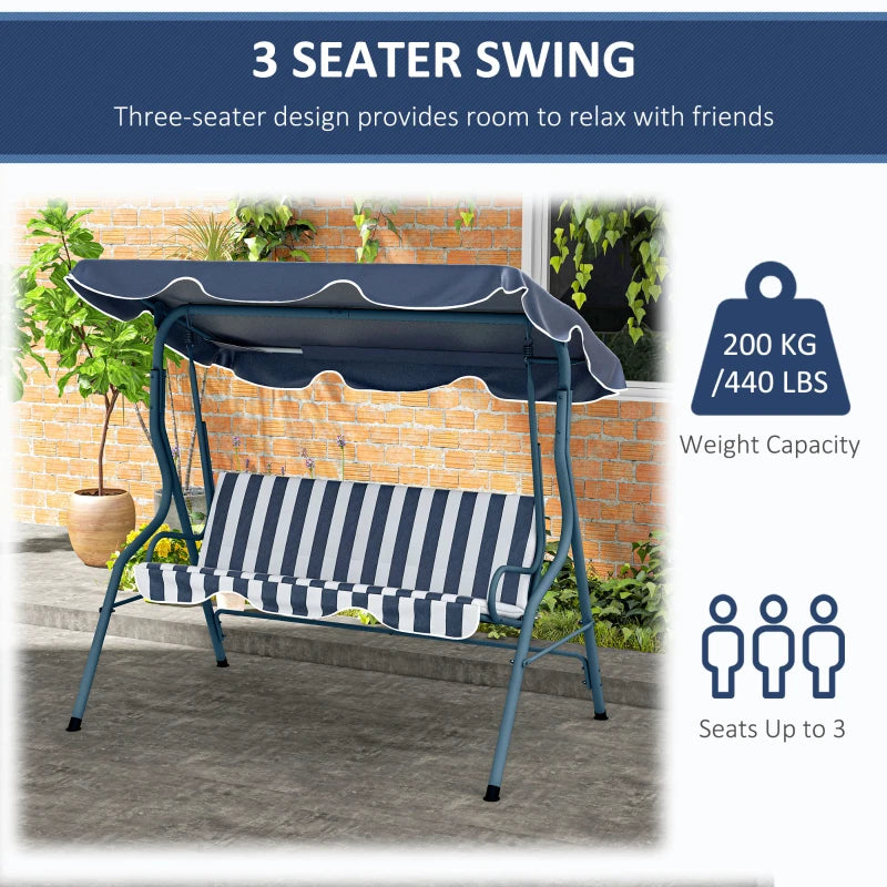 Blue Striped 3-Seater Outdoor Swing Bench with Adjustable Canopy