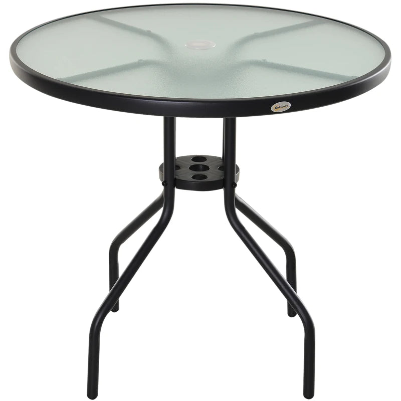 Round Outdoor Patio Table with Parasol Hole - 80cm, Tempered Glass Top, Black