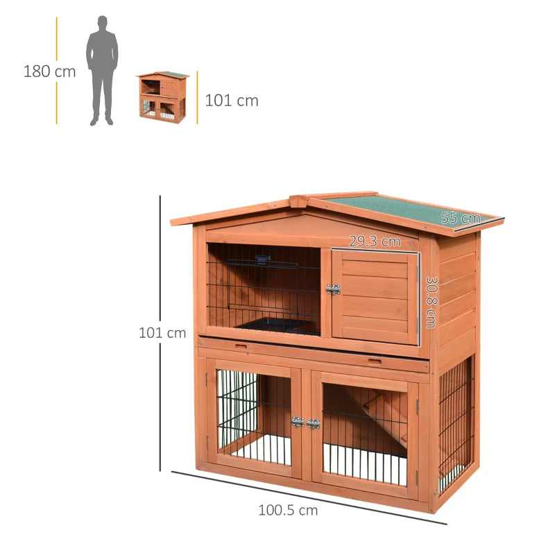 Outdoor Rabbit Hutch & Guinea Pig Cage - 2-Tier Bunny Home with No-Leak Tray, 100.5 x 55 x 101 cm