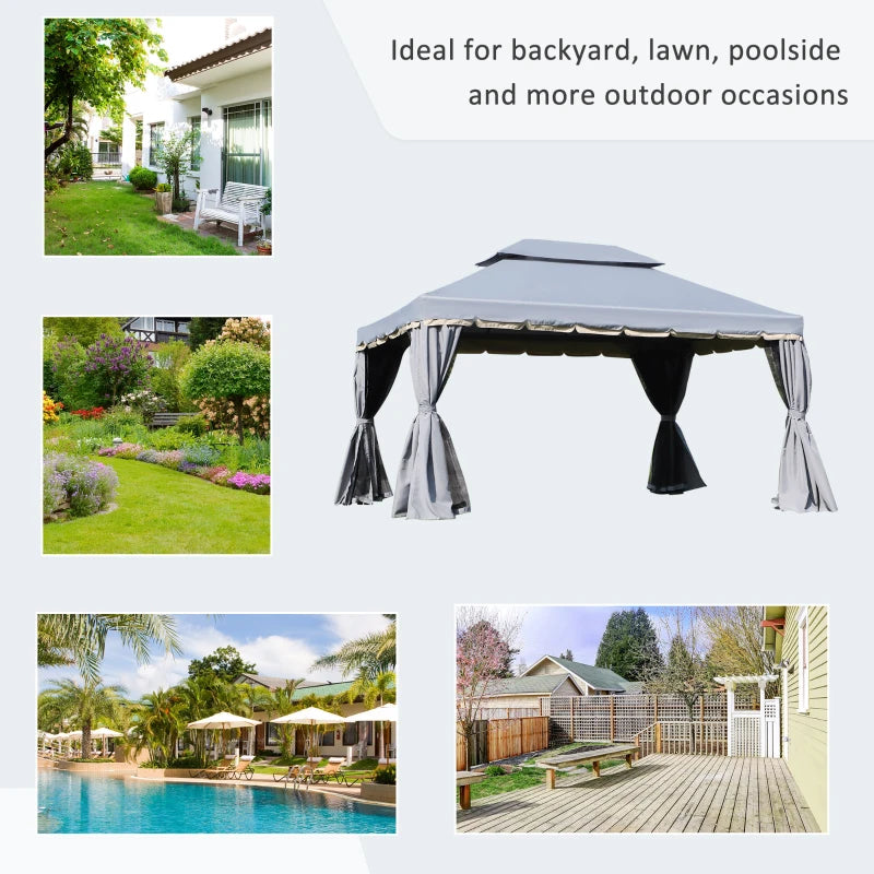 Aluminium 3x4m Garden Gazebo Canopy Shelter with Nets and Curtains for Outdoor Parties Grey