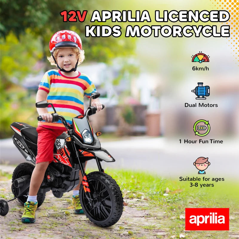 Licensed 12V Kids Motorbike with Training Wheels LED Headlight Music Red Black