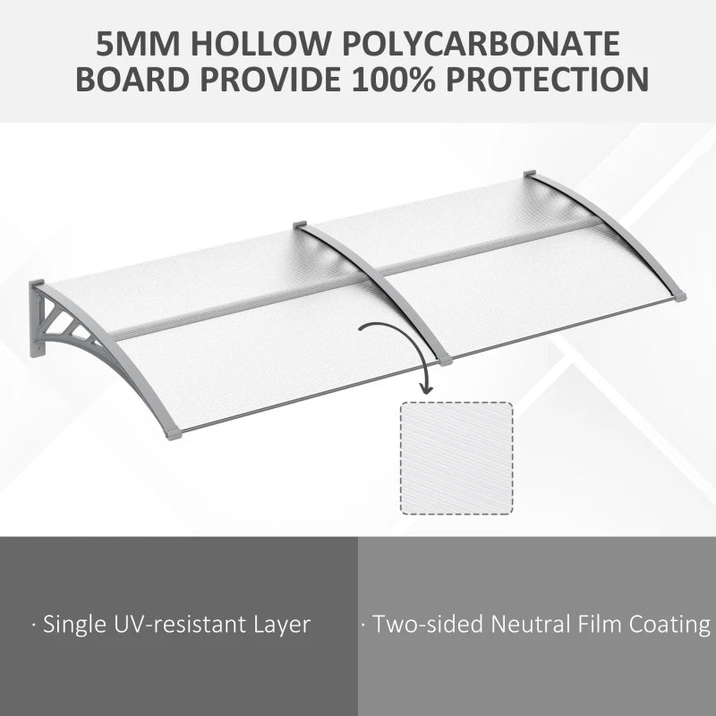 196cm x 75cm Clear Front Door Canopy - Rigid Plastic Polycarbonate Rain Shelter - UV, Water & Rain Resistant