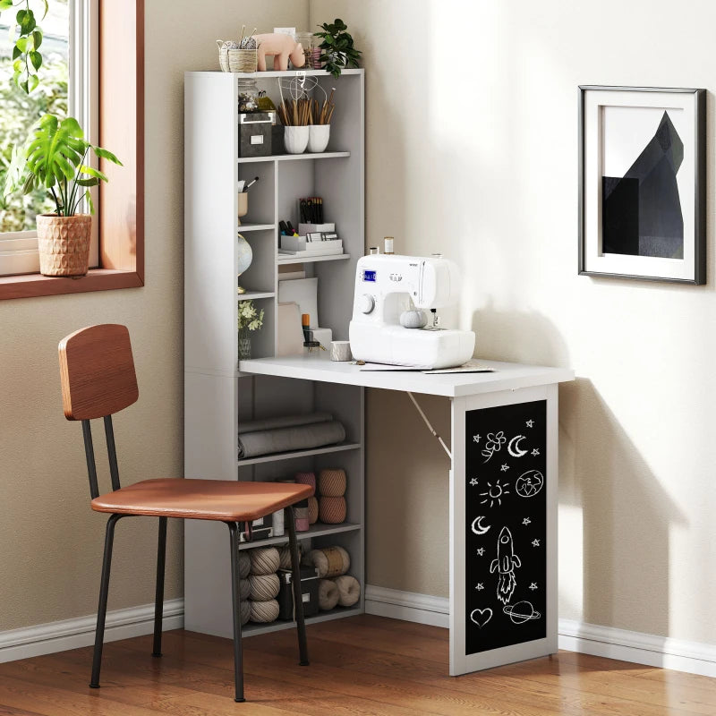 Wall Mounted Folding Computer Desk with Black Board and Bookshelf Multifunctional Floating Writing Table for Home Office White