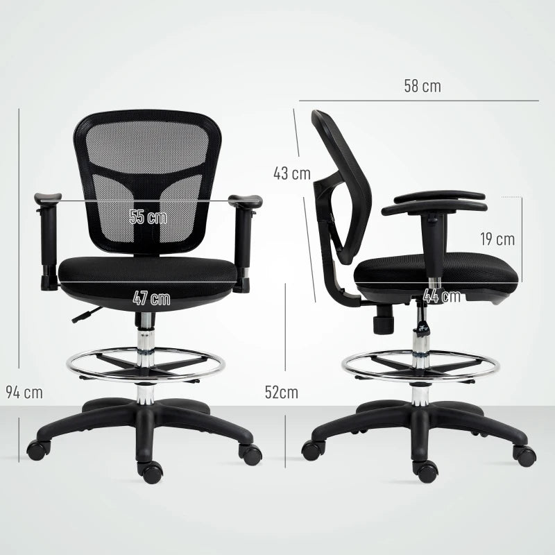 Ergonomic Drafting Chair with Adjustable Armrests & Lumbar Support - Mesh Office Chair for Standing Desks, Height & Footrest Adjustable, Black