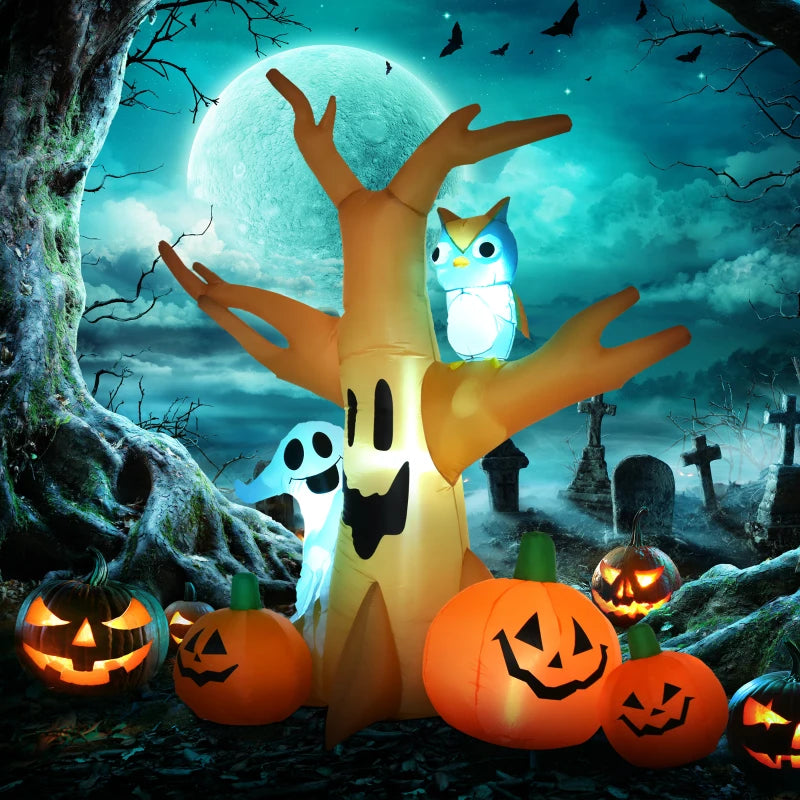 240cm Halloween Inflatable Tree with Ghost, 3 Pumpkins & Owl - Scary LED Holiday Decoration for Indoor & Outdoor
