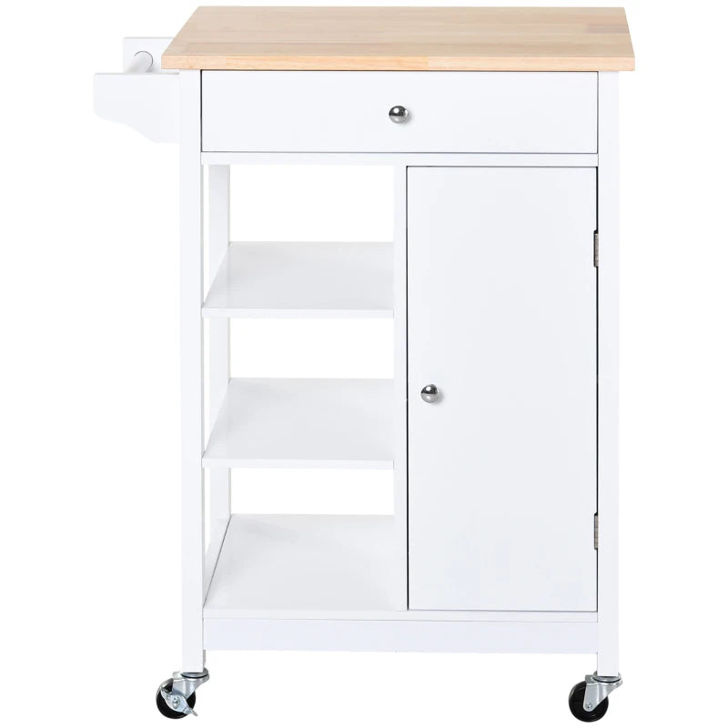 Versatile Kitchen Trolley on Wheels - White Kitchen Island with Wood Top, 3 Shelves & Storage Cupboard