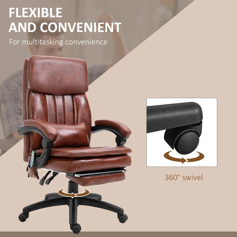 Vinsetto Brown PU Leather Office Chair with 7-Point Vibrating Massage, Adjustable Height, Reclining Back & Footrest - Comfort & Style