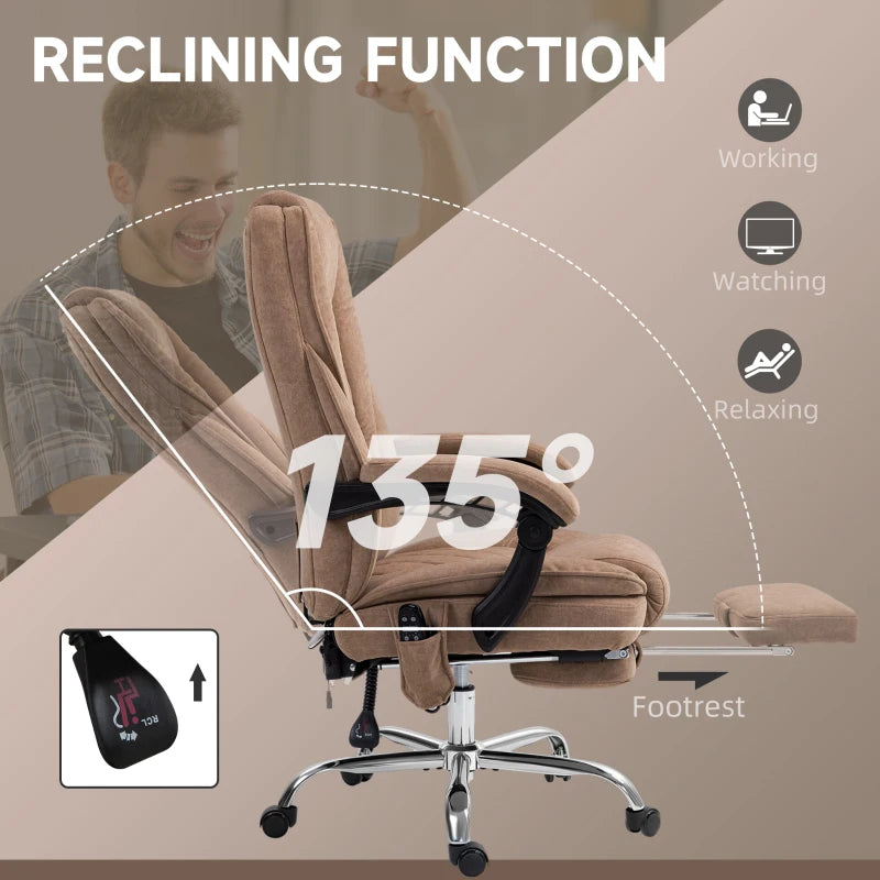 Vinsetto Heated Reclining Massage Office Chair with Adjustable Height & Footrest - Brown Ergonomic Computer Chair