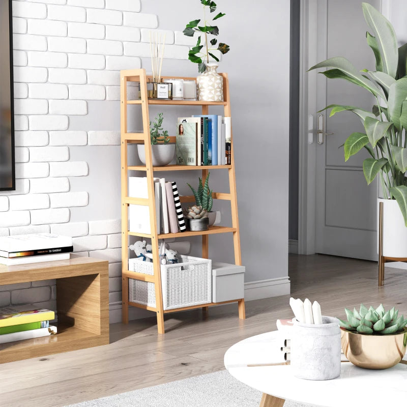 Bamboo Ladder Shelf - 4-Tier Freestanding Bookcase for Living Room, Study & Home Office - Natural Wood Effect, 48x31.5x120cm