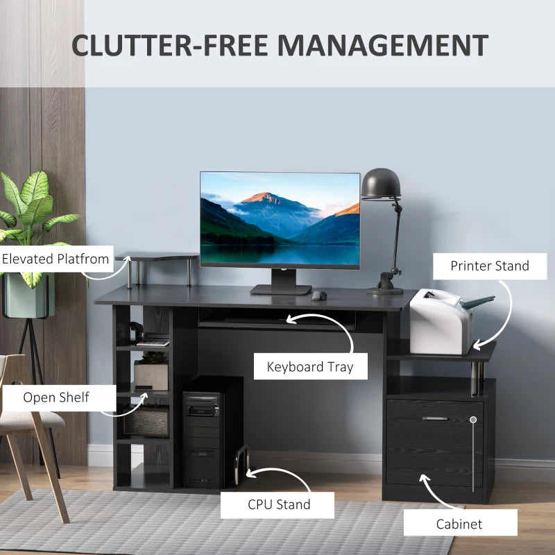 Modern Black Computer Desk with Drawer & Shelves - PC Workstation & CPU Storage Rack for Home Office - 152x60x88cm