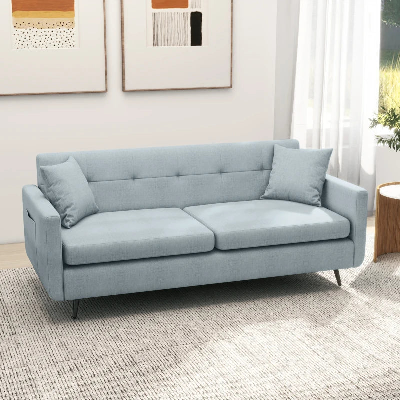 Modern 165cm 3-Seater Sofa for Living Room, Tufted Fabric Couch with Steel Legs and Storage Pockets, Blue