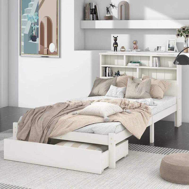 Modern 3ft Single Bed with Drawers - Stylish White Pinwood Design for Aesthetic & Practical Bedroom Storage