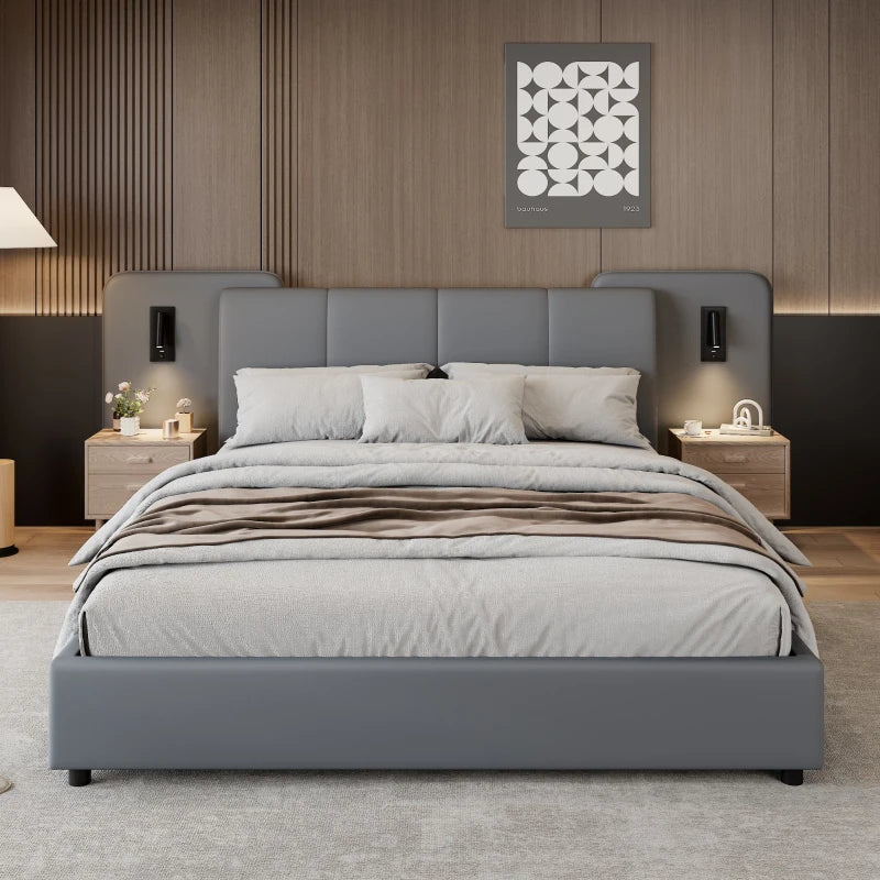 Upholstered Full-Size Double Bed with Charging Port & LED Lighting - Grey, Impact-Resistant Sponge Padding, 209L x 221W x 86.5H cm