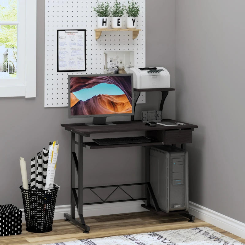 Dark Brown Computer Desk with Display Stand, Sliding Keyboard Tray, Host Box Shelf - Stylish Home Office Workstation