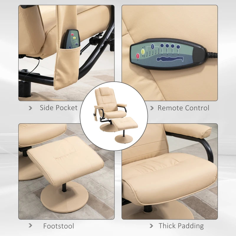 Cream PU Leather Reclining Armchair with Massage Function and Ottoman - Manual Sofa Chair