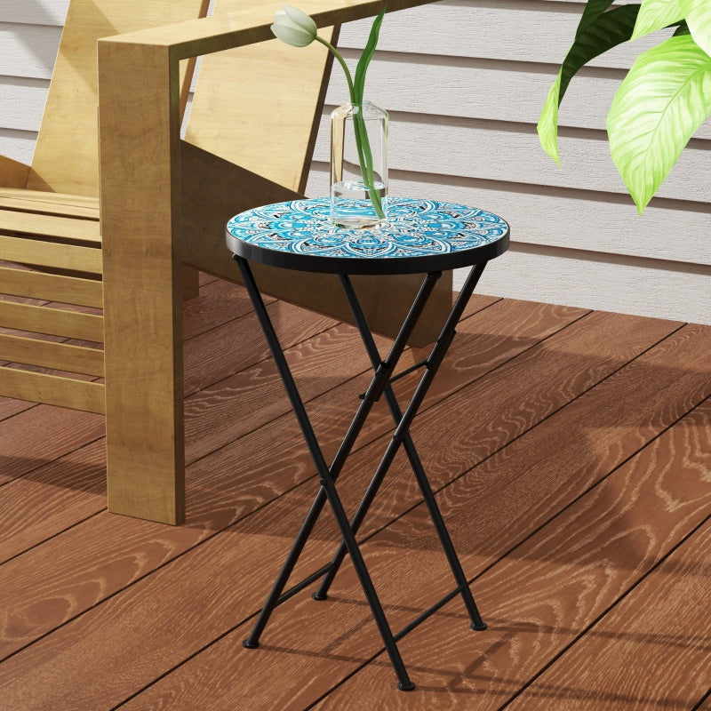 Mosaic Round Folding Garden Table, 35.5cm Blue Coffee Table for Balcony & Terrace