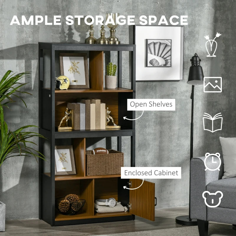 Modern 4-Tier Bookshelf with Closed Cabinet - Freestanding Bookcase for Living Room, Home Office & Study - Walnut Brown