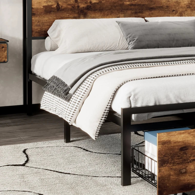Unique Black Metal Bed with LED Light Strip, USB Ports & Drawer - Modern Bedroom Furniture, 207.5x90.5x105 cm, Dark Walnut Accent