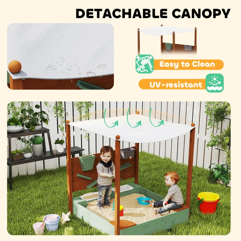 Wooden Sandpit with Canopy and Storage Bins for Kids Outdoor Play 116x112.5x128 cm Green