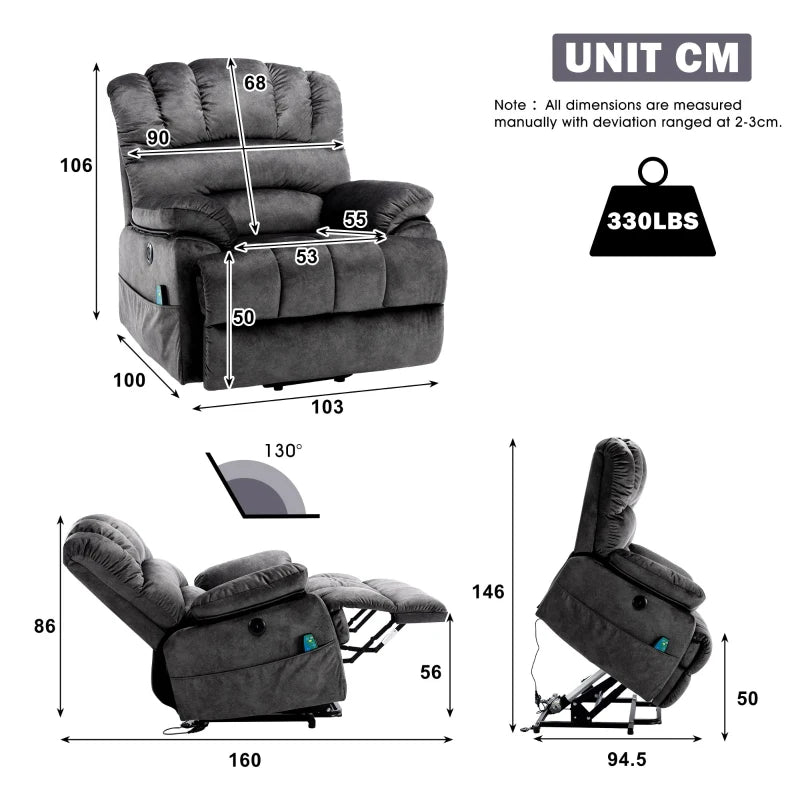 Electric Power Lift Recliner Chair with Heating, Massage, Vibration, USB Ports, and Side Pockets - Grey, 103x100x106 cm