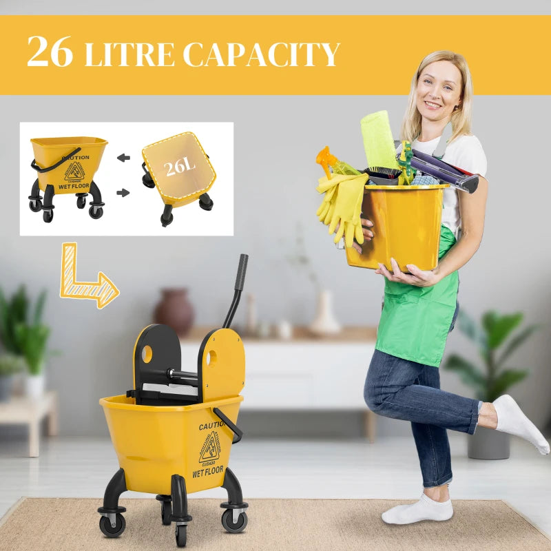 26 Litre Yellow Mop Bucket with Wringer - Heavy Duty Cleaning Tool for Home and Commercial Use
