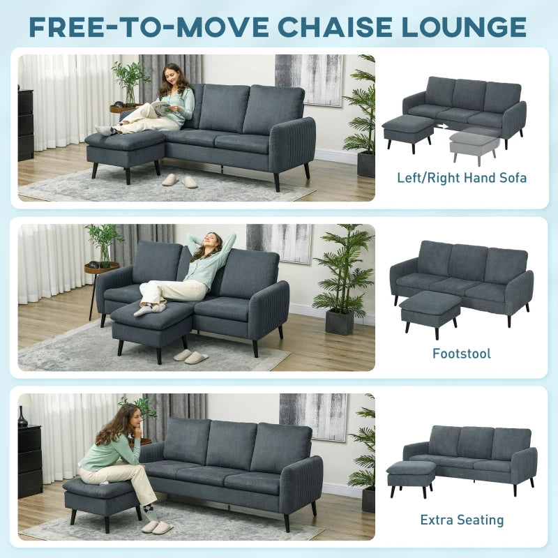 Charcoal Grey 3 Seater L-Shaped Sofa with Ottoman and Reversible Chaise for Small Living Spaces