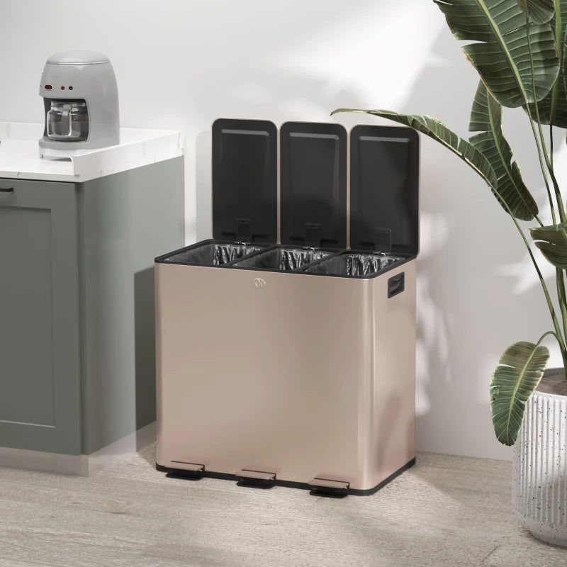 45L Triple Compartment Stainless Steel Bin with Deodoriser Holders - Elegant Gold Tone Waste Management Solution