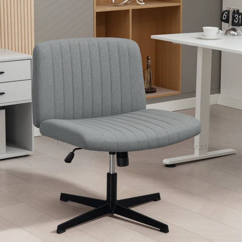 Armless Grey Office Chair - Linen Fabric, Criss Cross Legs, Wide Seat, Thick Padding, Adjustable Height, No Wheels