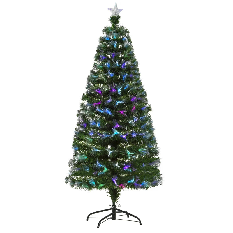 5FT Multicoloured Artificial Christmas Tree with Fibre Optic Lights, Pre-Lit Modes, Metal Stand & Star Holder - Festive Home Decoration