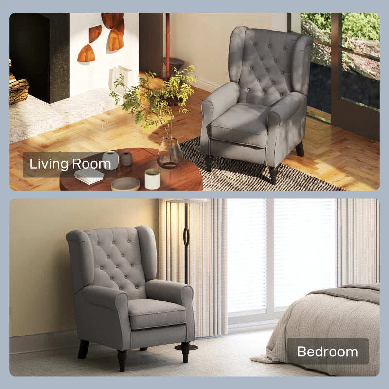Stylish Retro Linen Wingback Armchair with Button Tufting and Wooden Frame for Living Room or Bedroom, Dark Grey
