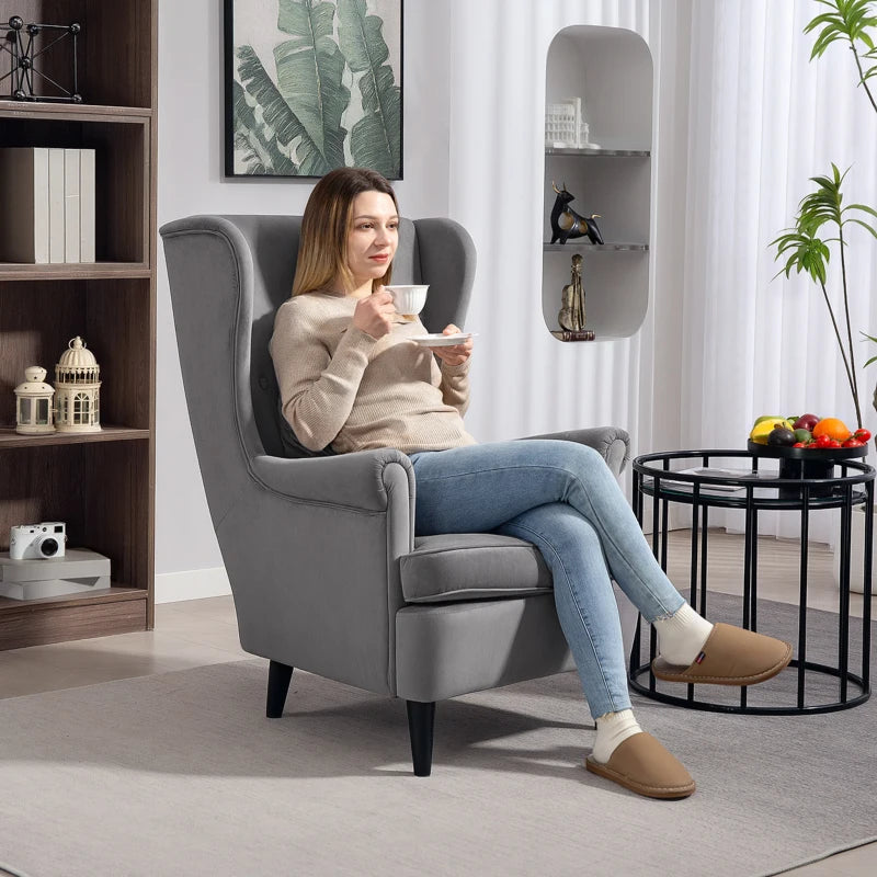 Stylish Upholstered Wingback Armchair with High Backrest and Pillow for Living Room or Bedroom in Dark Grey