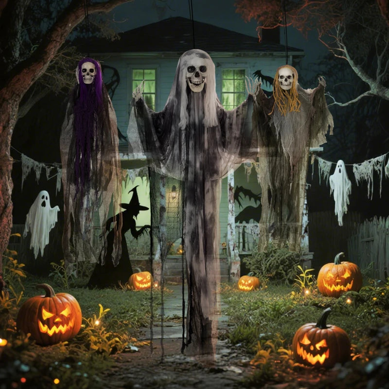 Set of 3 Hanging Skeleton Halloween Decorations - Scary Flying Ghosts for Garden & Party - 90/110/170cm Sizes