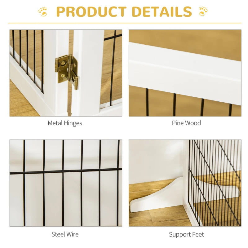 Wooden Freestanding Pet Gate - Stylish Dog Safety Barrier with 2 Support Feet, White - Ideal for Home Use