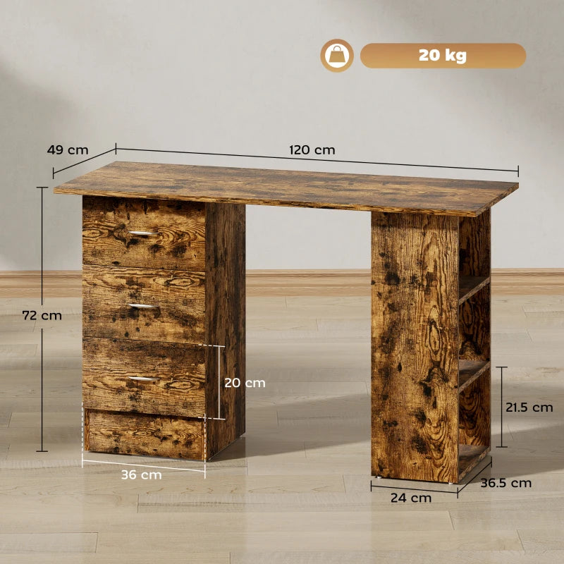 Rustic Brown Computer Desk with 3 Storage Shelves & Drawers, Stylish Writing Table for Home Office, Silver Handle PC Workstation