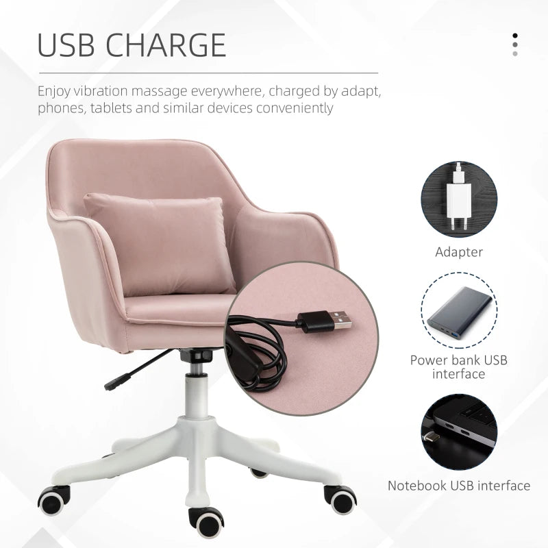 Vinsetto Pink Velvet Office Chair with Massage Lumbar Pillow, Rolling Wheels - Stylish Desk & Makeup Vanity Chair for Home