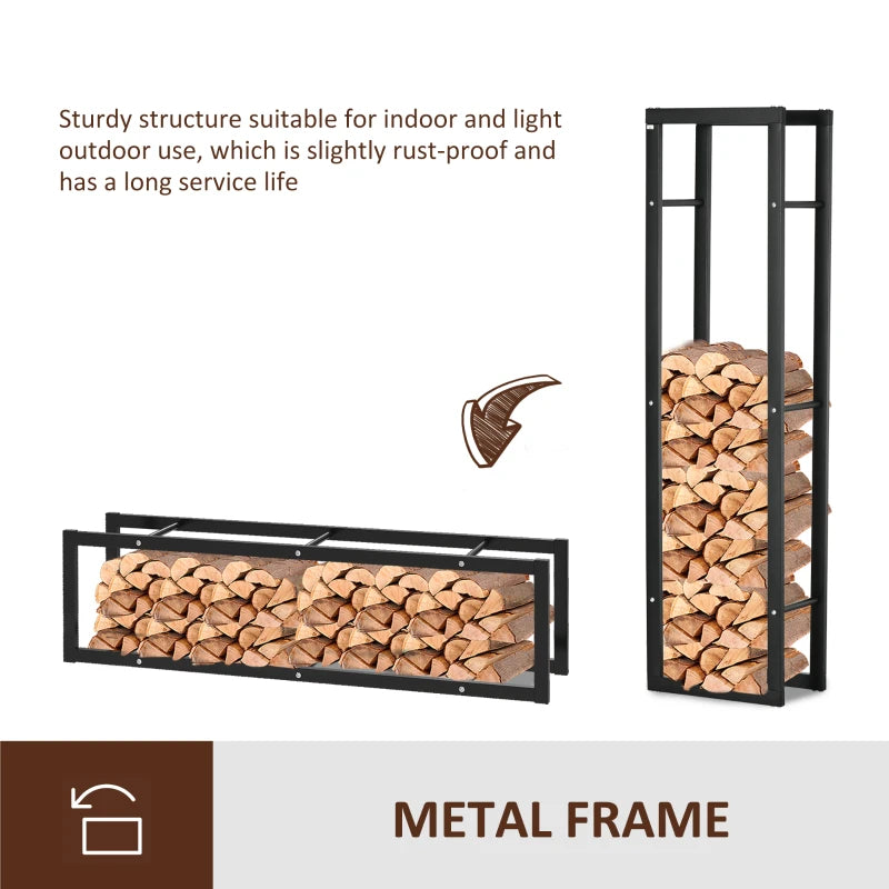 Tall Metal Firewood Log Holder Rack - Indoor Outdoor Fireplace Wood Storage Shelf, Rust-Resistant, Black, 40W x 25D x 150H cm