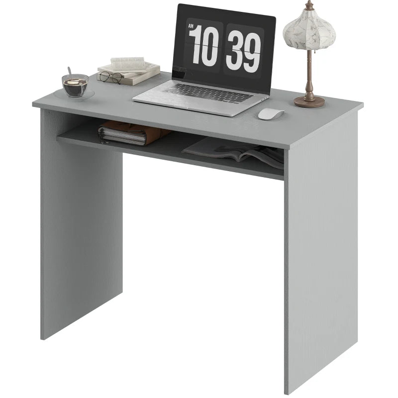 Modern Grey Computer Desk for Home Office - Small Writing Table with Storage Shelf, 90x50cm, Stylish & Functional