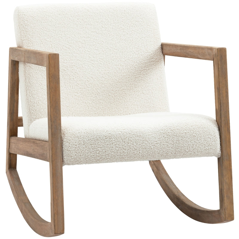 Upholstered Rocking Chair with Cushion and Wooden Base for Living Room and Bedroom in Cream White