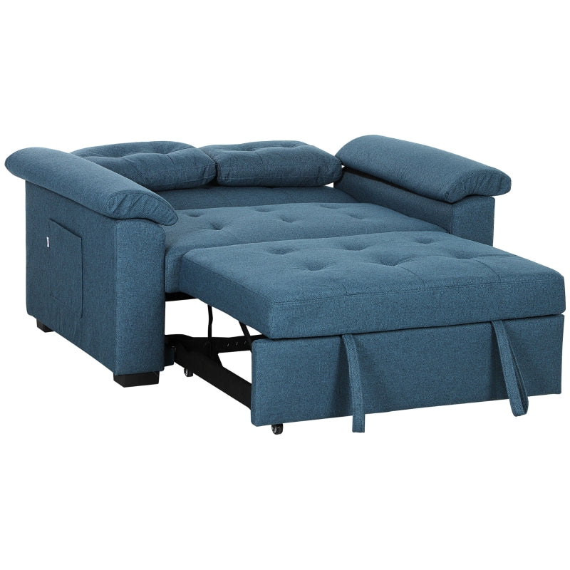 Fabric 2-Seater Click Clack Sofa Bed with Pocket Springs, Convertible Couch with Pillows and Side Pockets in Blue