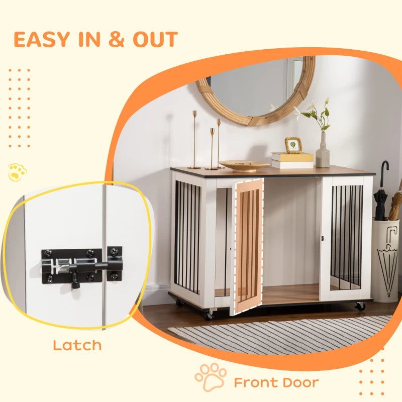 Stylish Dog Crate Furniture with Wheels - Large Dog Cage End Table, 106 x 60 x 82 cm, White Finish
