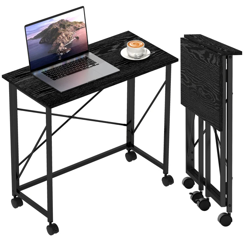Compact 80 cm Folding Desk on Wheels - Versatile Black Mobile Workstation for Home Office, Study, and Small Spaces