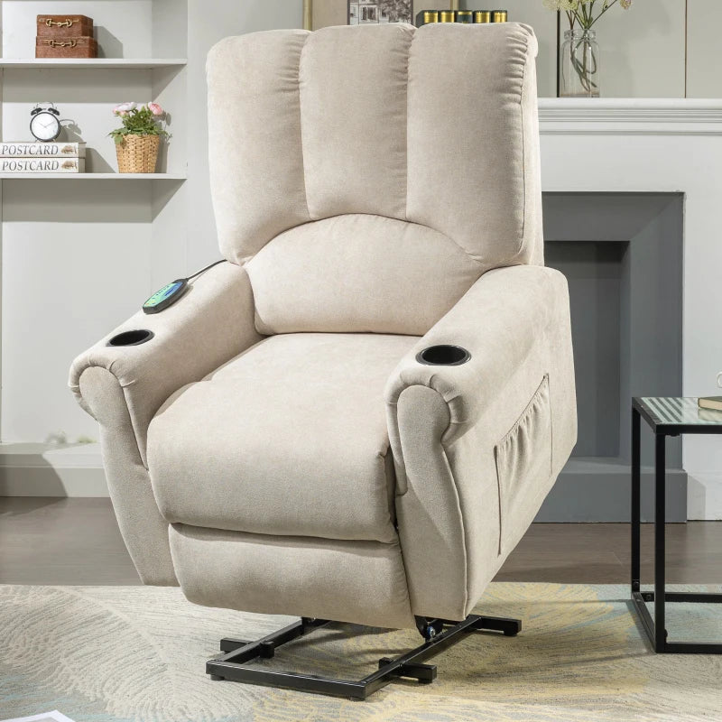 Electric Power Lift Massage Chair with Heating, Side Pockets, Stand Assist, Cup Holders, Recliner for Elderly, Beige