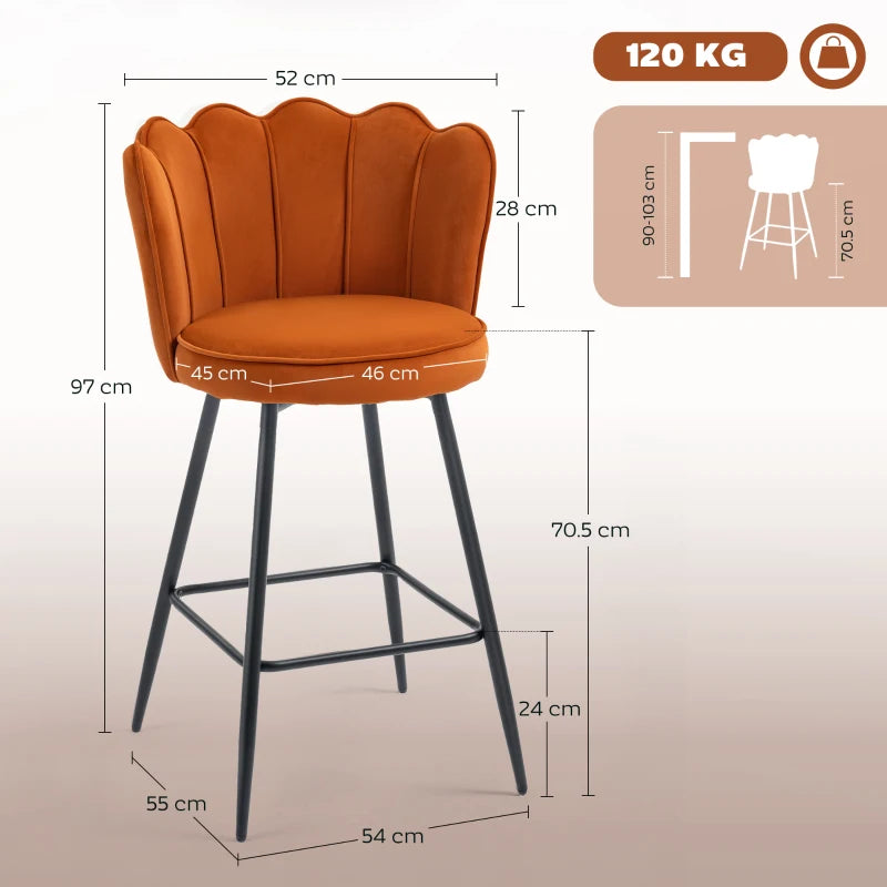 Set of 2 Orange Velvet-Feel Lotus Bar Stools - Stylish Modern Seating for Kitchen or Home Bar