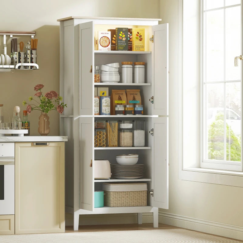 176.5 cm Tall White Pantry Cupboard with Motion Sensor LED Light for Kitchen Storage