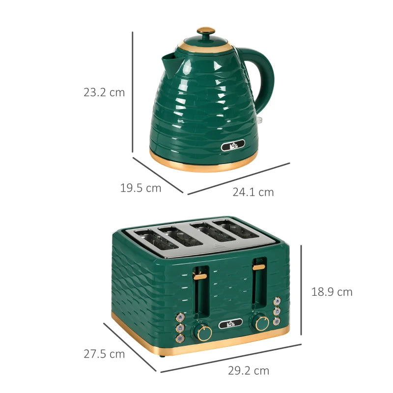3000W 1.7L Rapid Boil Kettle & 4 Slice Toaster Set - Green, 7 Browning Controls, Crumb Tray, Kitchen Essentials