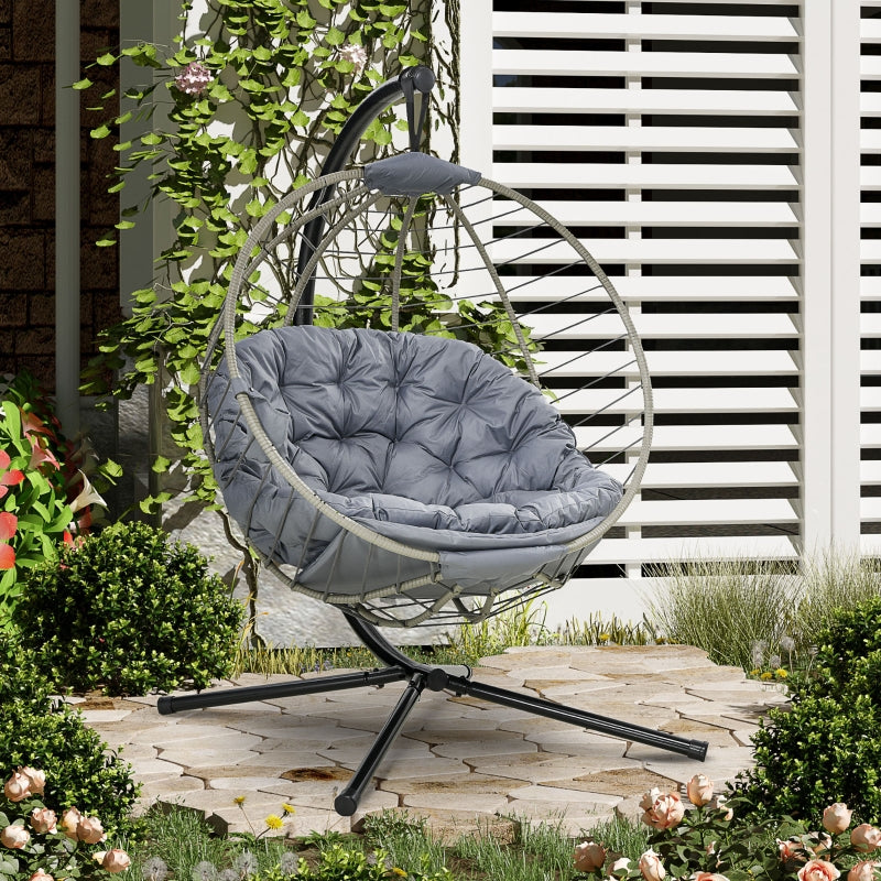 Grey Rattan Swing Chair with Metal Stand and Padded Cushion