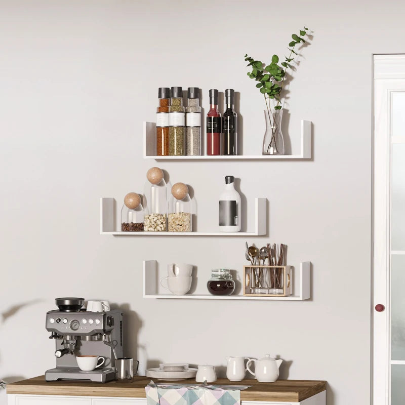 Set of 3 White Wooden U-Shaped Floating Shelves - Wall Mounted Bookshelf for Bedroom, Living Room, Kitchen Storage & Display