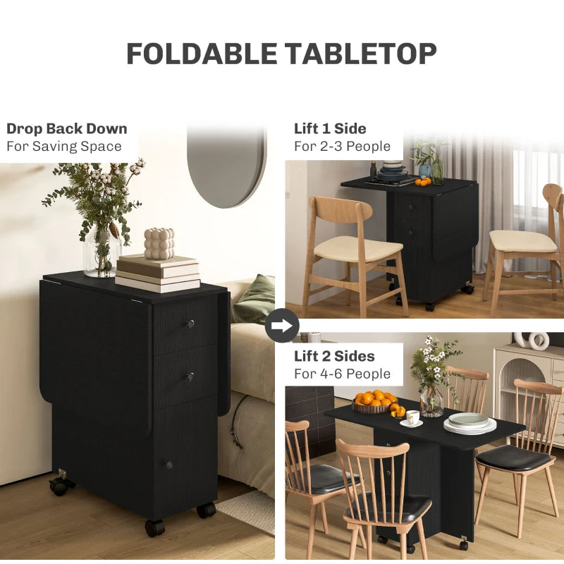 Multi-Storage Six-Person Drop Leaf Dining Table in Distressed Black Finish