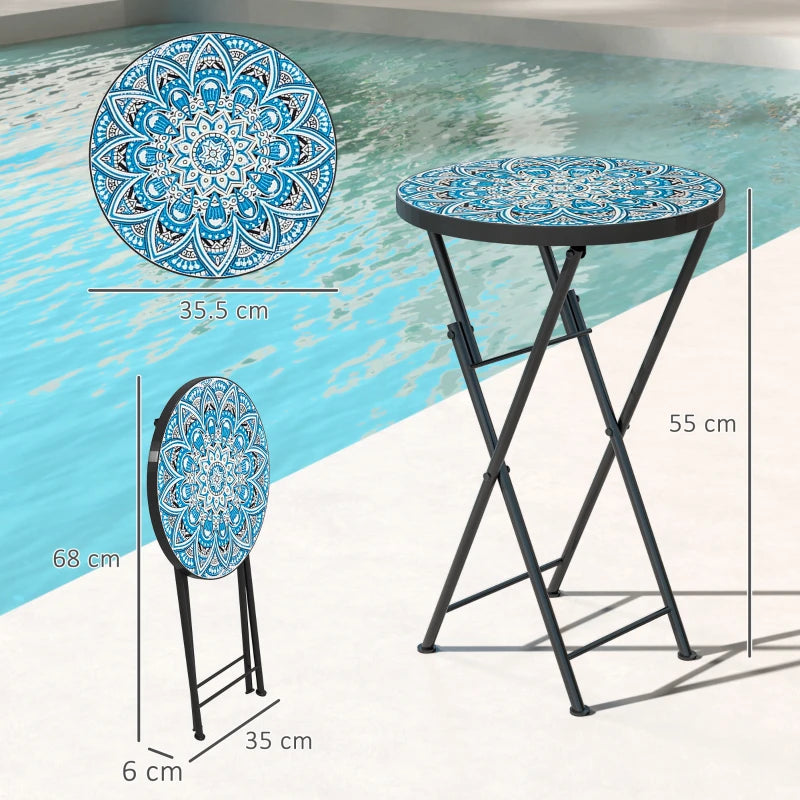 Mosaic Round Folding Garden Table, 35.5cm Blue Coffee Table for Balcony & Terrace